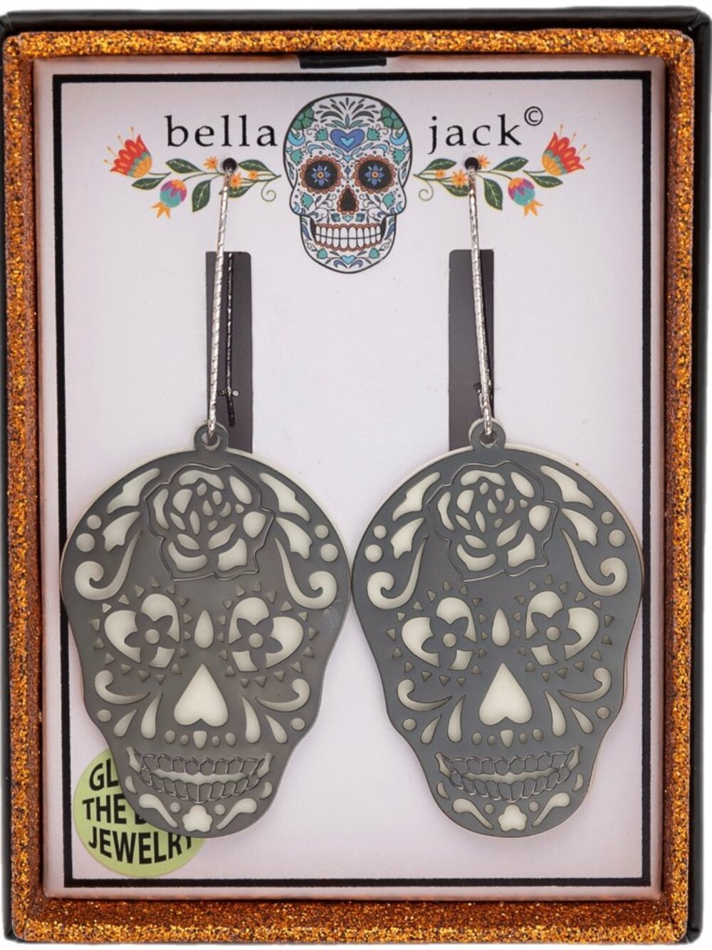 Bella Jack Boxed Glow In The Dark Sugar Skull Filigree Earrings Gothic Halloween